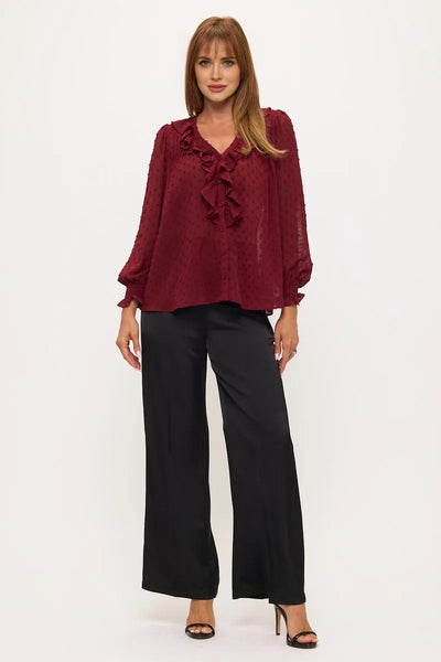 Sheer Dot Ruffle V-Neck Chiffon Blouse