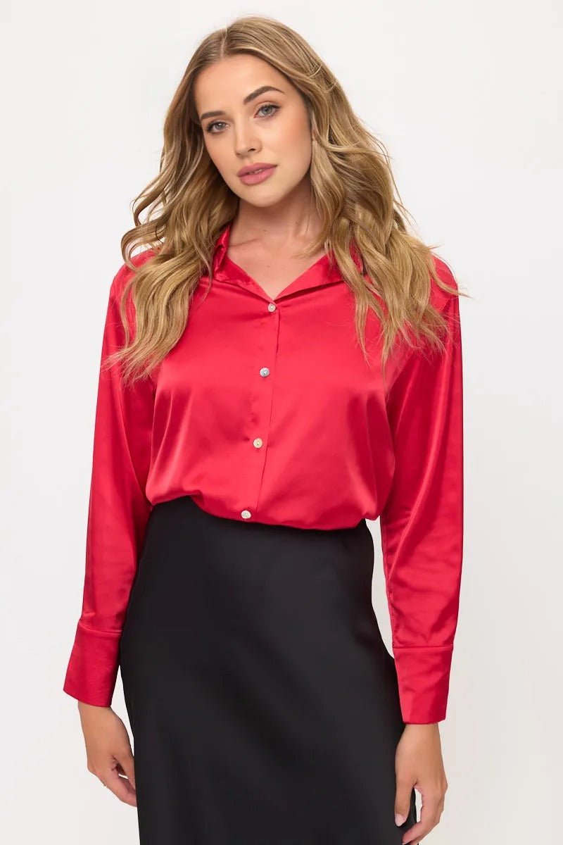 Long Sleeve Classic Satin Button-Up Blouse