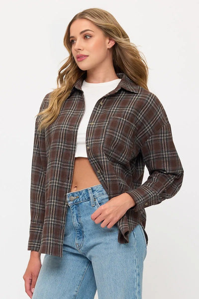 Long Sleeve Plaid Button-Up Flannel Overshirt