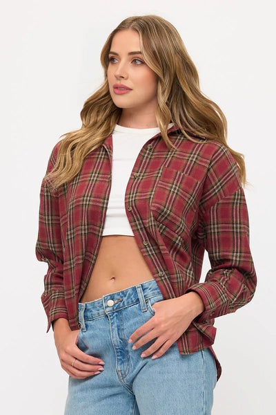 Long Sleeve Plaid Button-Up Flannel Overshirt