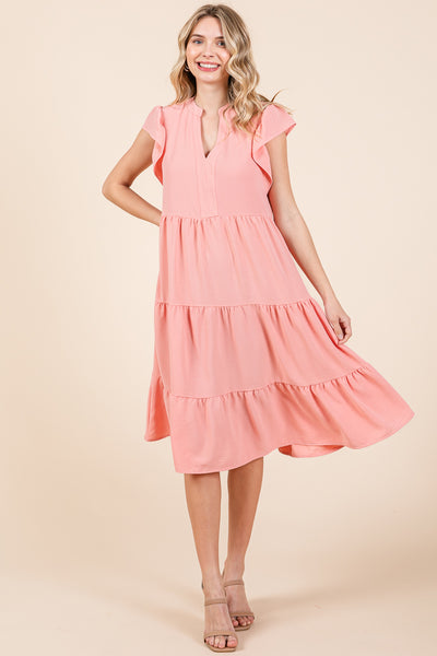 Ruffle Sleeve V neck Tiered Midi Dress, S-3X