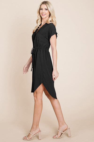 Button Down Solid Drawstring Waist Shirt Dress