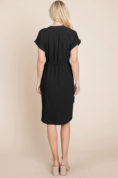 Button Down Solid Drawstring Waist Shirt Dress