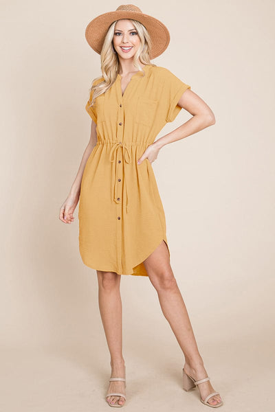 Button Down Solid Drawstring Waist Shirt Dress