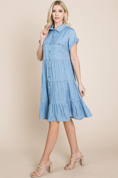 Button Down Collared Tiered Chambray Shirt Dress, S-3X
