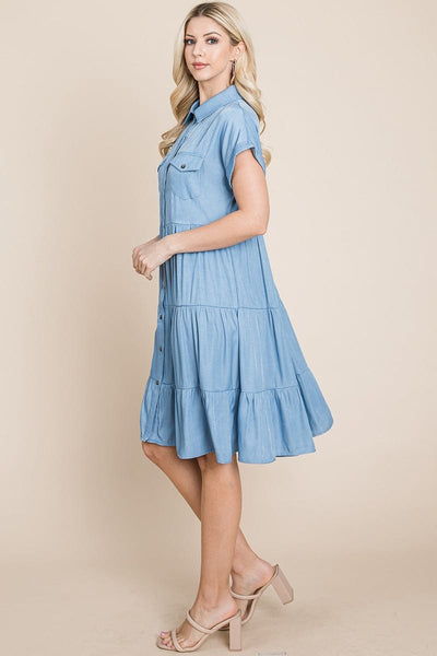 Button Down Collared Tiered Chambray Shirt Dress, S-3X