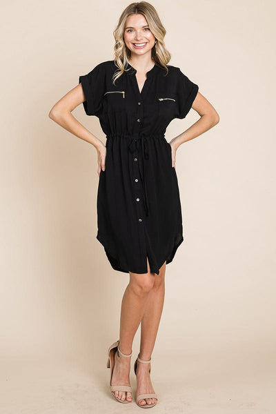 Button up Tie Waist V neck Shirt Dress