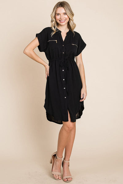 Button up Tie Waist V neck Shirt Dress