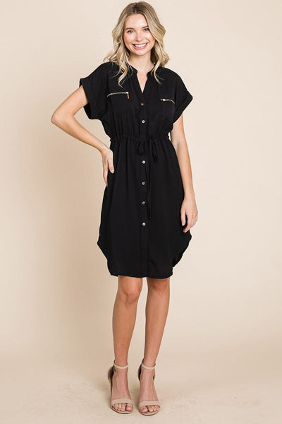 Button up Tie Waist V neck Shirt Dress