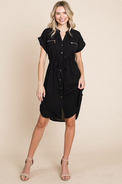 Button up Tie Waist V neck Shirt Dress