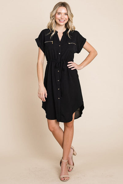 Button up Tie Waist V neck Shirt Dress