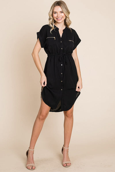 Button up Tie Waist V neck Shirt Dress