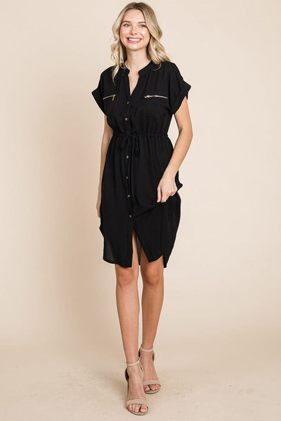 Button up Tie Waist V neck Shirt Dress