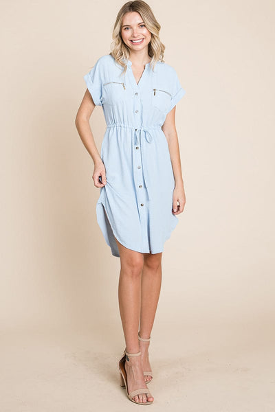 Button up Tie Waist V neck Shirt Dress