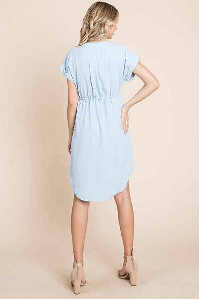 Button up Tie Waist V neck Shirt Dress