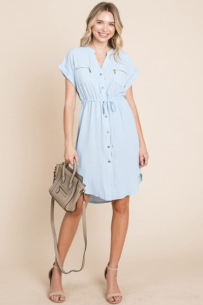 Button up Tie Waist V neck Shirt Dress