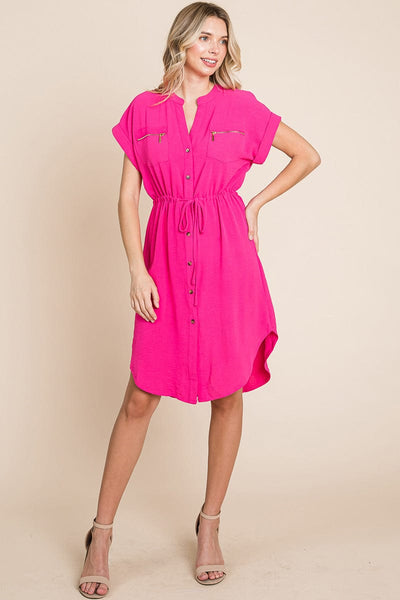 Button up Tie Waist V neck Shirt Dress