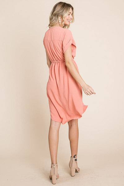 Button up Tie Waist V neck Shirt Dress