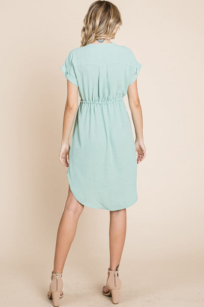 Button up Tie Waist V neck Shirt Dress