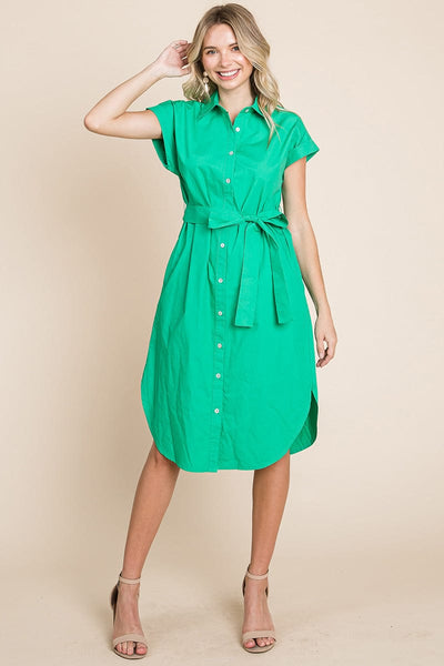 Button up Tie Waist Poplin Pocketed Shirt Dress