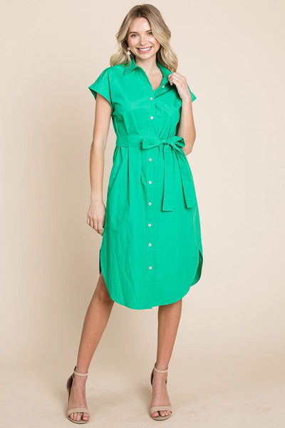 Button up Tie Waist Poplin Pocketed Shirt Dress