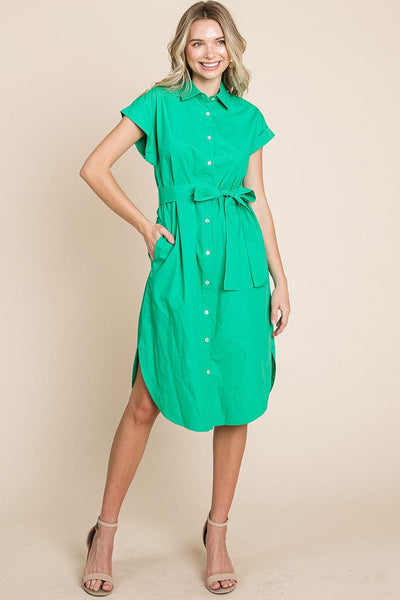 Button up Tie Waist Poplin Pocketed Shirt Dress