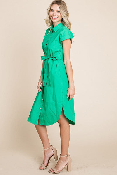 Button up Tie Waist Poplin Pocketed Shirt Dress