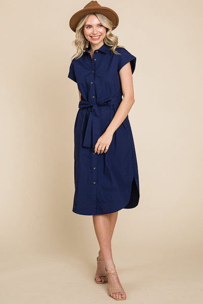 Button up Tie Waist Poplin Pocketed Shirt Dress