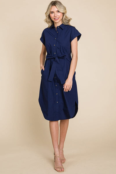 Button up Tie Waist Poplin Pocketed Shirt Dress