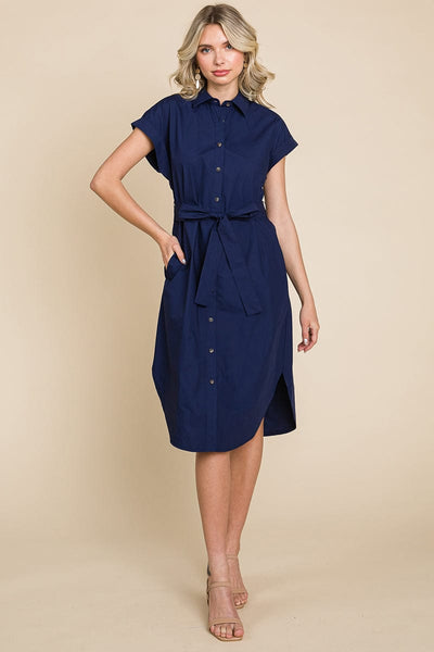 Button up Tie Waist Poplin Pocketed Shirt Dress