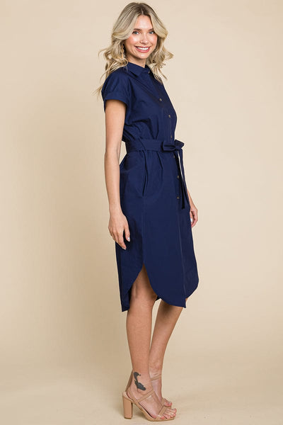 Button up Tie Waist Poplin Pocketed Shirt Dress