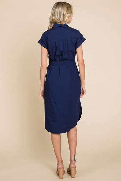 Button up Tie Waist Poplin Pocketed Shirt Dress