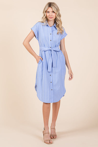 Button up Tie Waist Poplin Pocketed Shirt Dress
