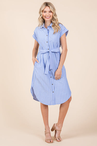 Button up Tie Waist Poplin Pocketed Shirt Dress