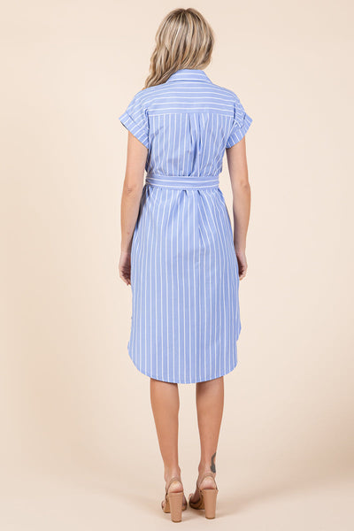 Button up Tie Waist Poplin Pocketed Shirt Dress