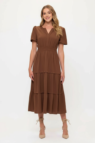 V neck Short Sleeve Layered Midi Dress