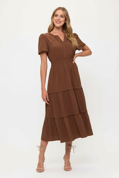 V neck Short Sleeve Layered Midi Dress