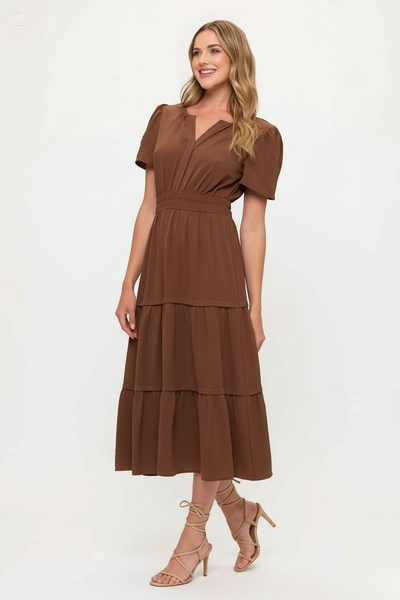 V neck Short Sleeve Layered Midi Dress