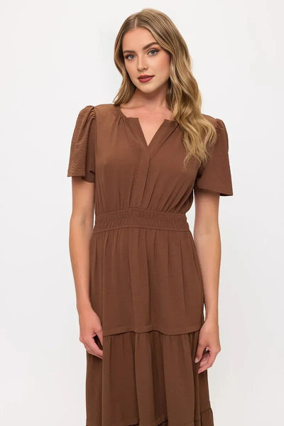 V neck Short Sleeve Layered Midi Dress