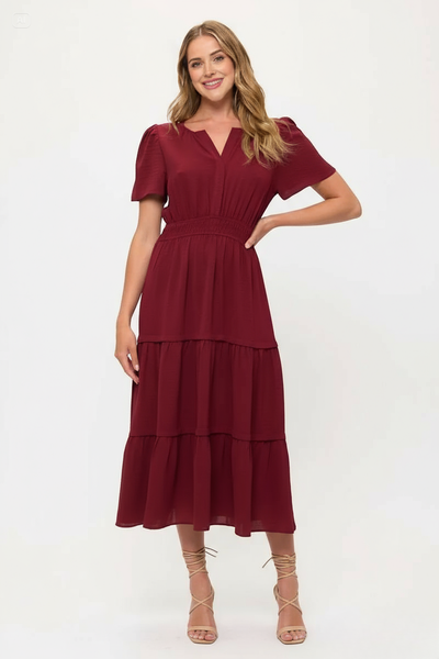 V neck Short Sleeve Layered Midi Dress