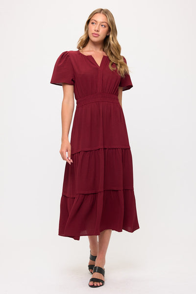 V neck Short Sleeve Layered Midi Dress