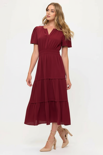 V neck Short Sleeve Layered Midi Dress
