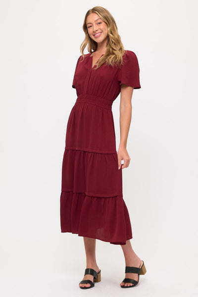 V neck Short Sleeve Layered Midi Dress