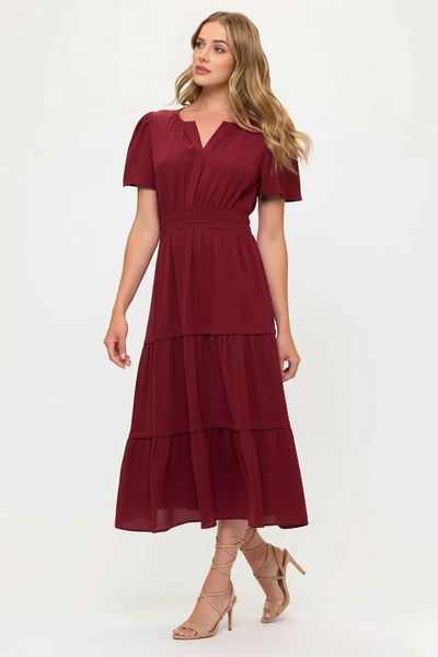 V neck Short Sleeve Layered Midi Dress