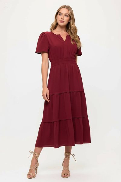 V neck Short Sleeve Layered Midi Dress