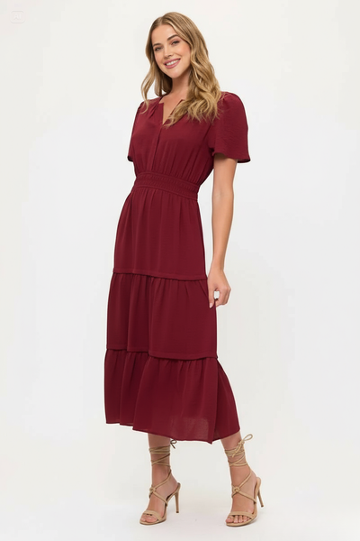 V neck Short Sleeve Layered Midi Dress