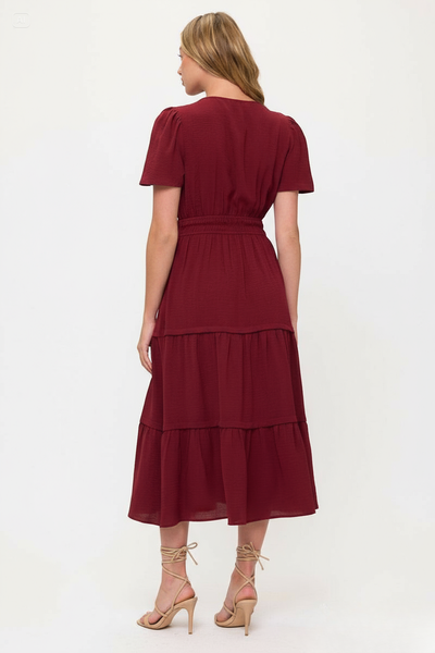V neck Short Sleeve Layered Midi Dress