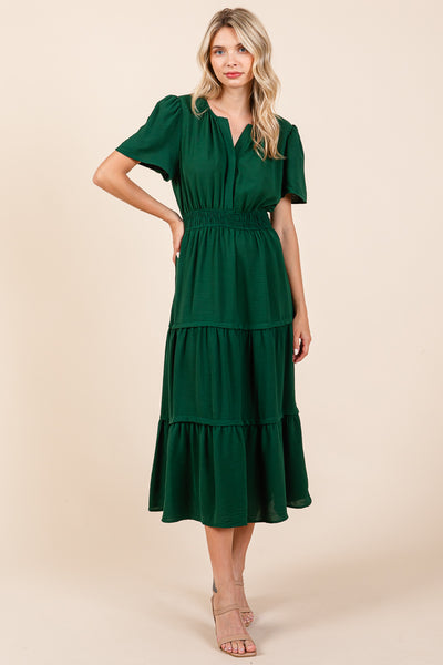 V neck Short Sleeve Layered Midi Dress