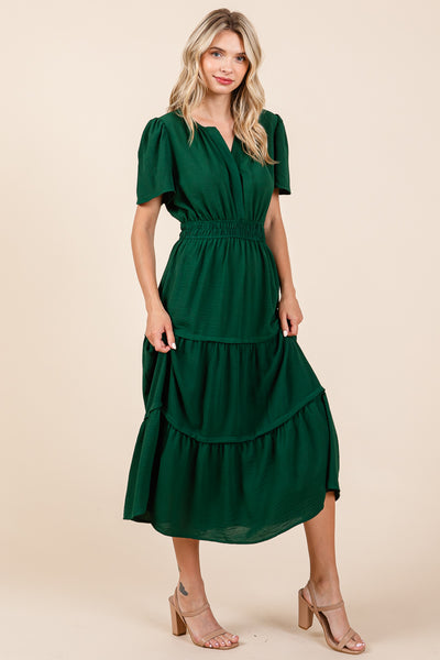 V neck Short Sleeve Layered Midi Dress