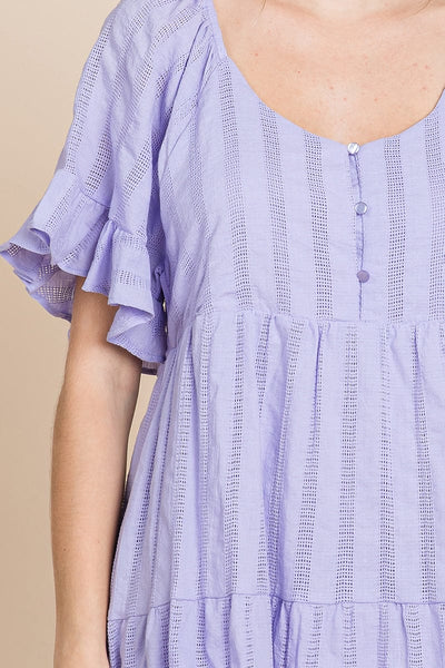 Stripe Textured Tiered Flutter Sleeve Cotton Dress